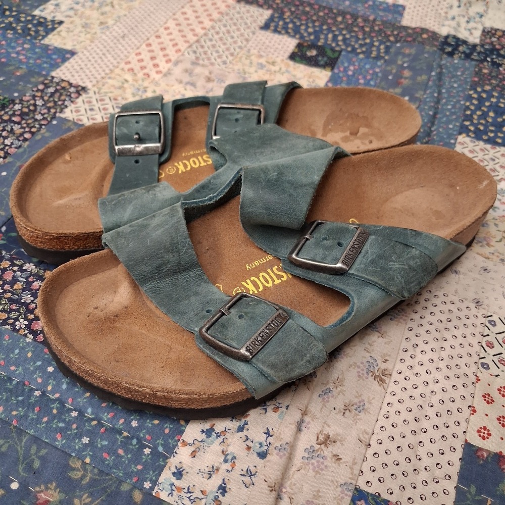 Birkenstock Arizona Soft Footbed Suede Slide Sandals Womens 36 Narrow Teal Blue